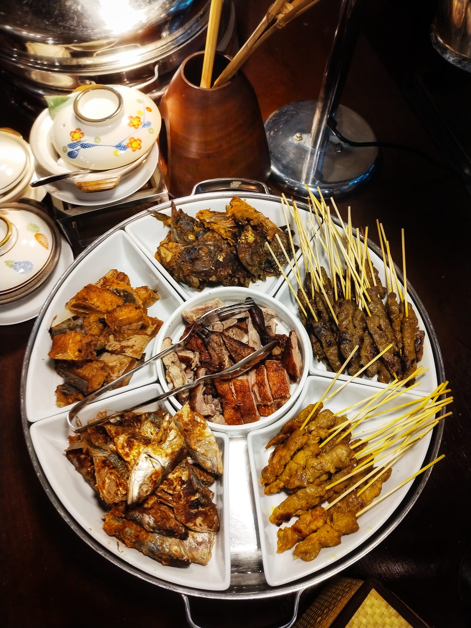 Tray with fish pork and lamb